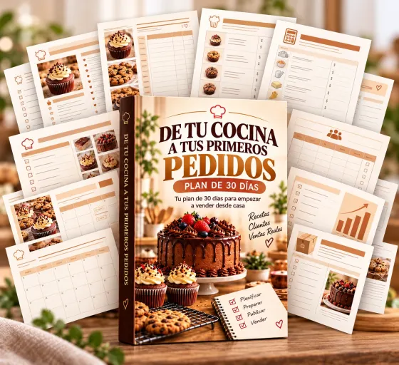 Los 6 volúmenes de «De tu cocina a tus primeros pedidos» junto a brownies y cookies