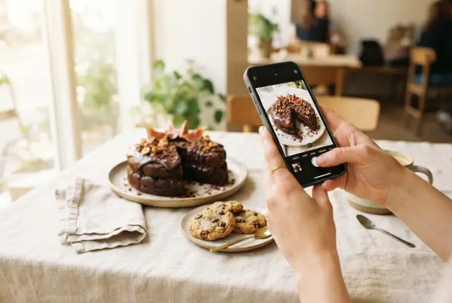 Manos fotografiando una torta de chocolate con el celular