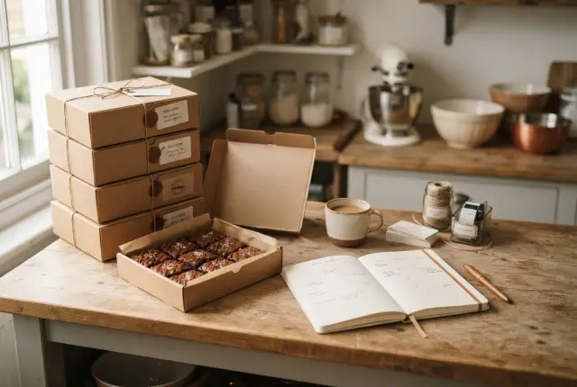 Cajas kraft listas para entregar y una agenda de pedidos